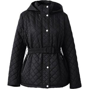 Women Black Belted Short Quilted Puffer Jacket Long Sleeve Coat Zip Up Pockets